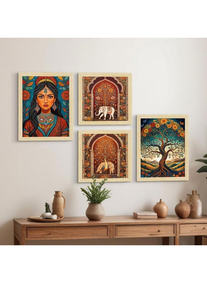 ArtX لوحات مدهوباني الورقية من ArtX مع إطار لغرفة المعيشة، فن هندي تقليدي لغرفة النوم ومكتب الديكور، متعدد الألوان، إطارات بلون الخشب الطبيعي، مجموعة من 4 - Image 2
