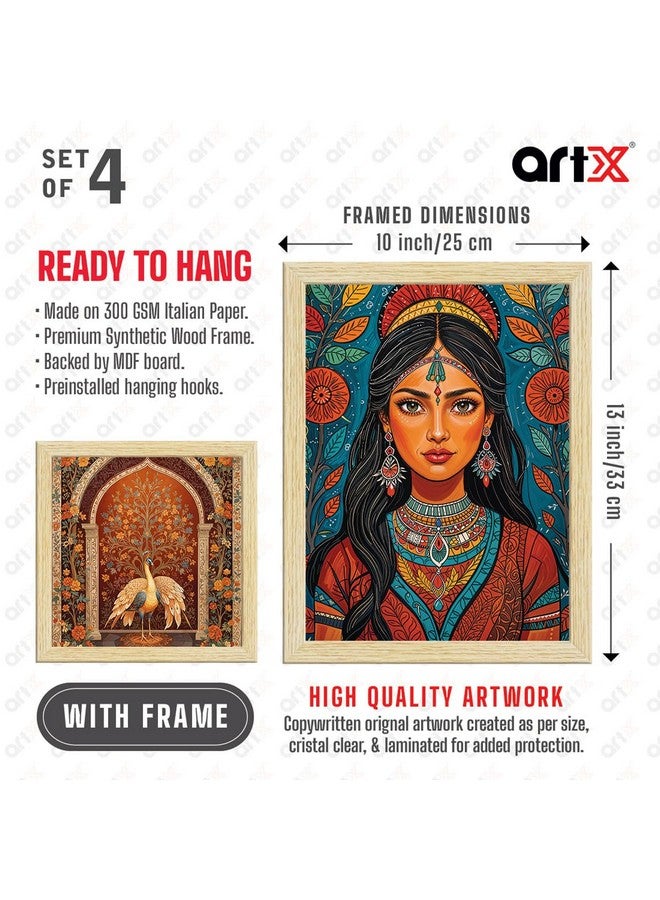 ArtX لوحات مدهوباني الورقية من ArtX مع إطار لغرفة المعيشة، فن هندي تقليدي لغرفة النوم ومكتب الديكور، متعدد الألوان، إطارات بلون الخشب الطبيعي، مجموعة من 4 - Image 5