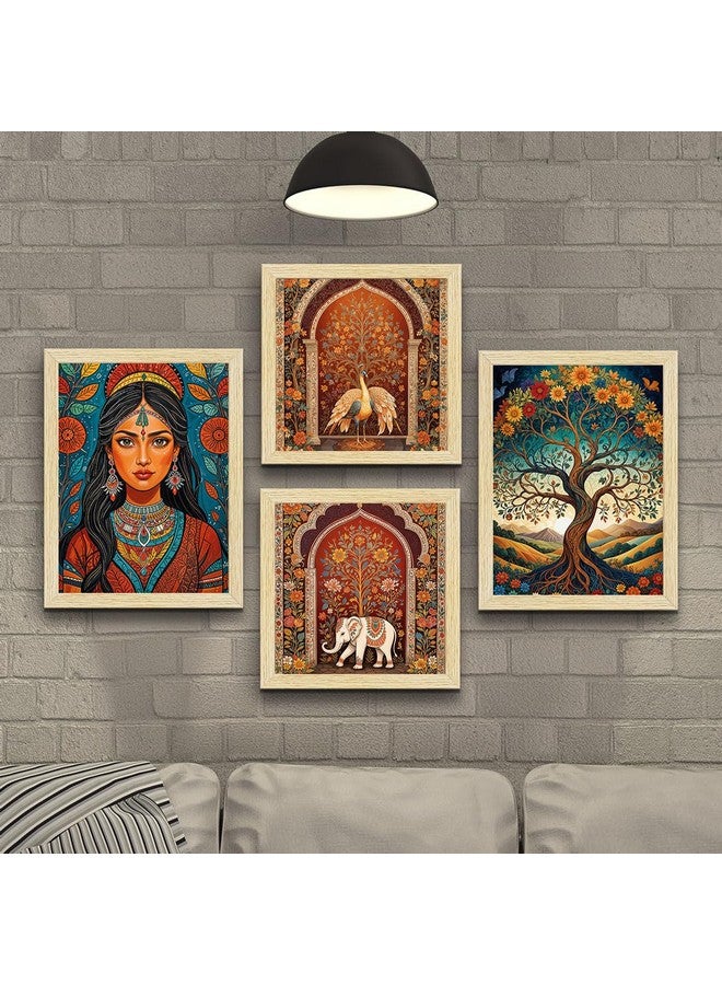 ArtX لوحات مدهوباني الورقية من ArtX مع إطار لغرفة المعيشة، فن هندي تقليدي لغرفة النوم ومكتب الديكور، متعدد الألوان، إطارات بلون الخشب الطبيعي، مجموعة من 4 - Image 4
