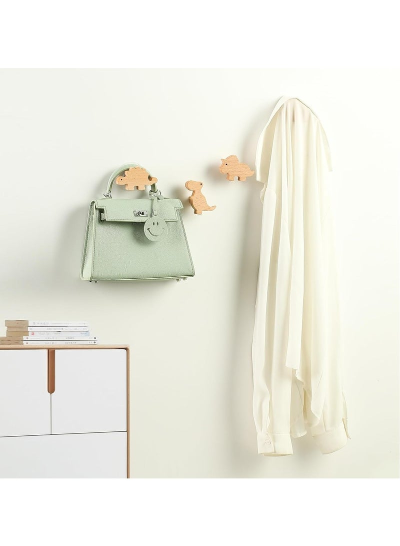 6 قطع خطافات حائط من خشب الديناصورات لحضانة الأطفال، طلاء طبيعي - Image 4