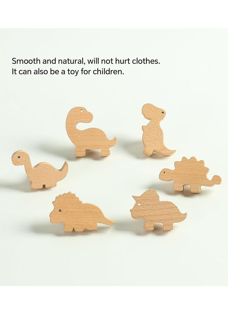 6 قطع خطافات حائط من خشب الديناصورات لحضانة الأطفال، طلاء طبيعي - Image 2