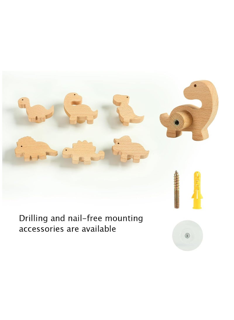 6 قطع خطافات حائط من خشب الديناصورات لحضانة الأطفال، طلاء طبيعي - Image 3