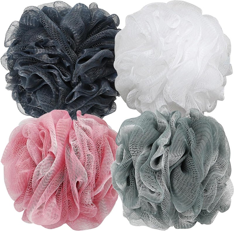 Bath Shower Loofah Sponge 60g Bath Mesh Pouf Shower Ball Body Scrubber Exfoliating Bath Sponge for Women and Men, Set of 4, Grey