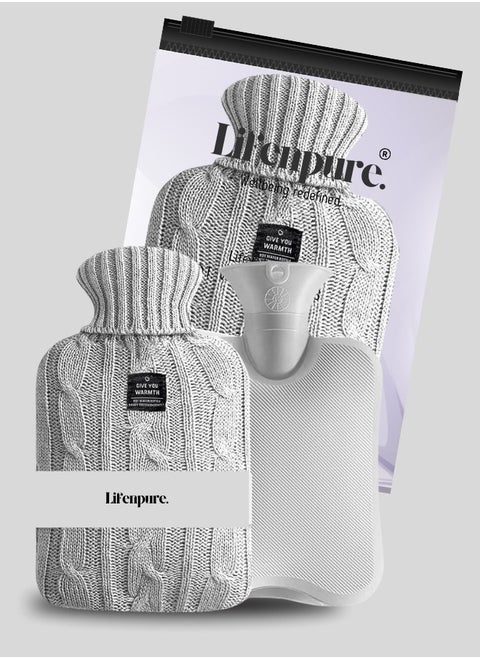 Lifenpure™ Hot Water Bottle with Knitted Cover 2 Liter, Classic Rubber Hot Water Bag for Cramps, Neck, Shoulders Pain Relief, Hot Cold Pack for Hot and Cold Therapy and Feet Warmer Grey