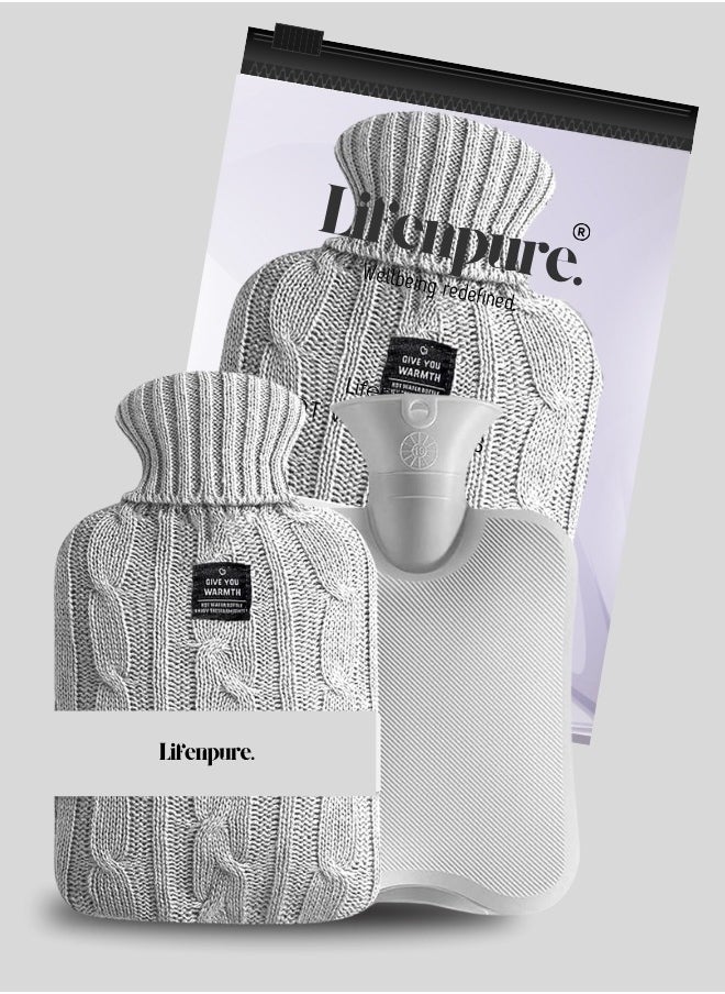Lifenpure Lifenpure™ Hot Water Bottle with Knitted Cover 2 Liter, Classic Rubber Hot Water Bag for Cramps, Neck, Shoulders Pain Relief, Hot Cold Pack for Hot and Cold Therapy and Feet Warmer Grey  - Image 1