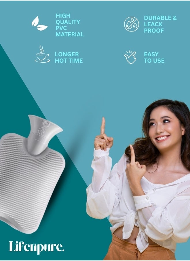 Lifenpure Lifenpure™ Hot Water Bottle with Knitted Cover 2 Liter, Classic Rubber Hot Water Bag for Cramps, Neck, Shoulders Pain Relief, Hot Cold Pack for Hot and Cold Therapy and Feet Warmer Grey  - Image 5