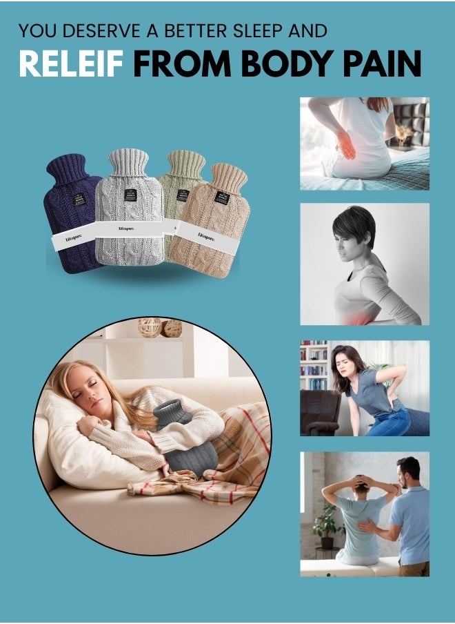Lifenpure™ Hot Water Bottle with Knitted Cover 2 Liter, Classic Rubber Hot Water Bag for Cramps, Neck, Shoulders Pain Relief, Hot Cold Pack for Hot and Cold Therapy and Feet Warmer Grey