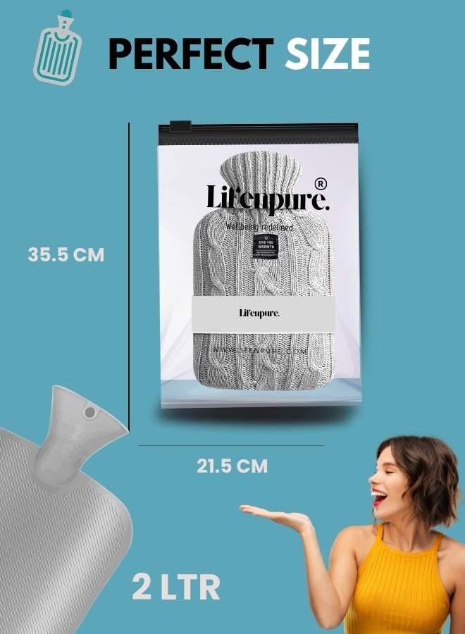 Lifenpure™ Hot Water Bottle with Knitted Cover 2 Liter, Classic Rubber Hot Water Bag for Cramps, Neck, Shoulders Pain Relief, Hot Cold Pack for Hot and Cold Therapy and Feet Warmer Grey - Image 5