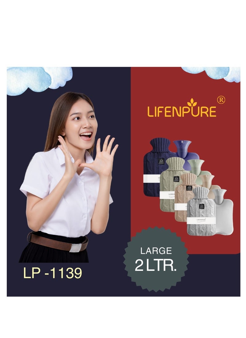Lifenpure - Lifenpure™ Hot Water Bottle with Knitted Cover 2 Liter, Classic Rubber Hot Water Bag for Cramps, Neck, Shoulders Pain Relief, Hot Cold Pack for Hot and Cold Therapy and Feet Warmer Grey - Image 1