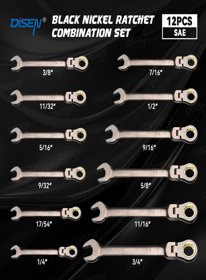 ديزن مجموعة مفاتيح ربط مرنة الرأس من ديزن، 12 قطعة، مجموعة مفاتيح ربط مركبة بسقاطة، مقاسات SAE من 1/4 بوصة إلى 3/4 بوصة، 90 سنًا، مصنوعة من الكروم والفاناديوم، 12 نقطة، مطلية بالنيكل مع منظم. - Image 5