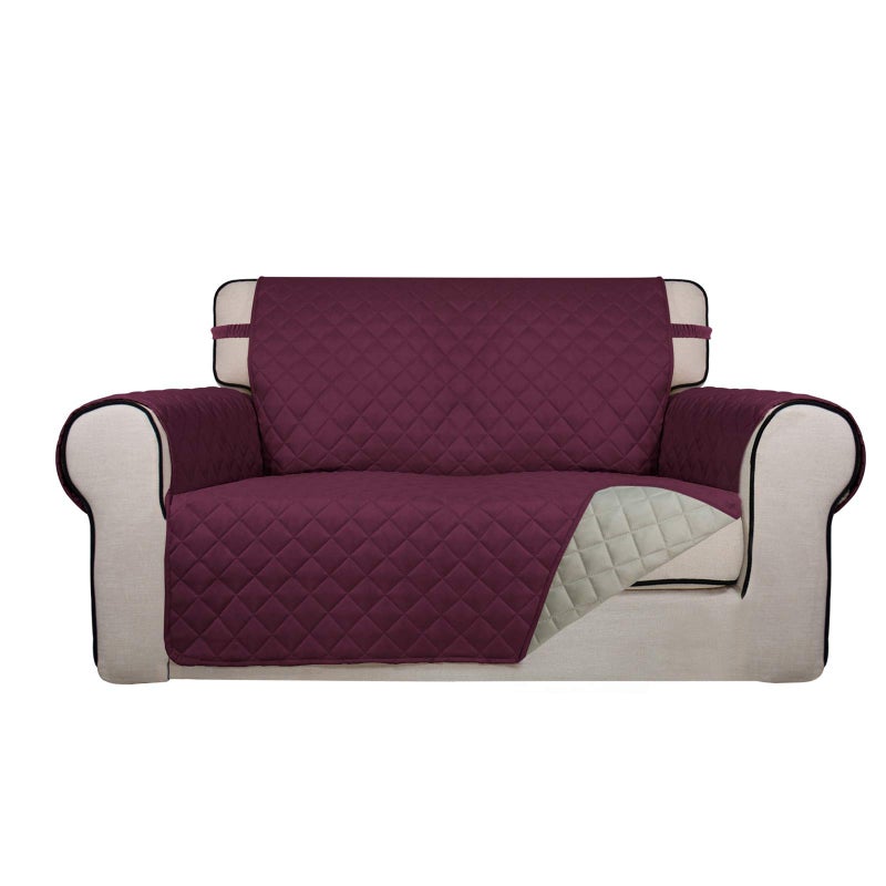 PureFit Reversible Quilted Sofa Cover  Water Resistant Medium Slipcover Furniture Protector  Washable Couch Cover with Non Slip Foam and Elastic Straps for Kids  Dogs  Pets (Loveseat  Wine/Beige) - Image 1