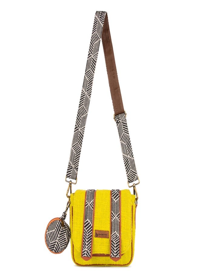BHASTRA Lemoni Saddle Handloom Sling Bag with Dual Compartments & Jacquard Adjustable Detachable Strap | Compact Sling Bag with Front Pocket, Back Zip & Coin Pouch - Handloom Fabric Design - Image 1