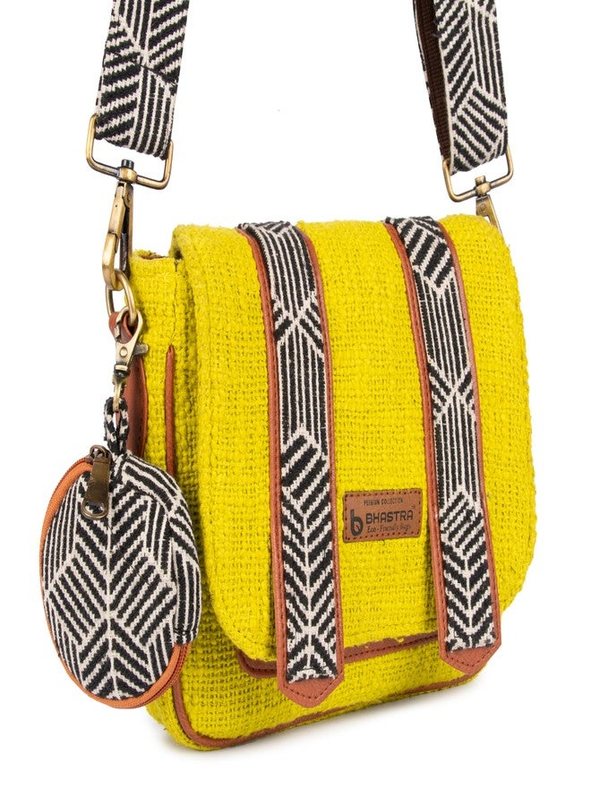 BHASTRA Lemoni Saddle Handloom Sling Bag with Dual Compartments & Jacquard Adjustable Detachable Strap | Compact Sling Bag with Front Pocket, Back Zip & Coin Pouch - Handloom Fabric Design - Image 2