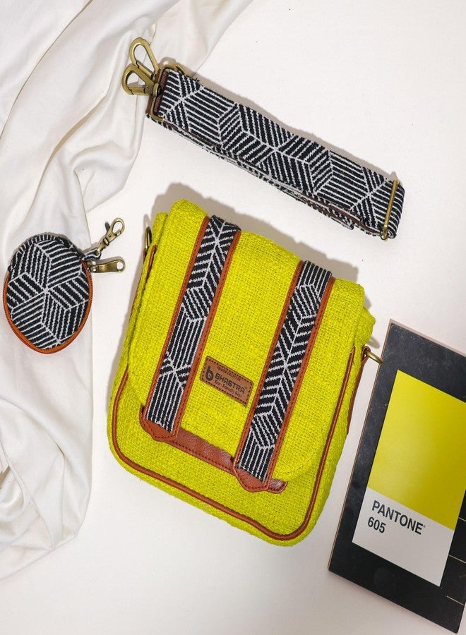 BHASTRA Lemoni Saddle Handloom Sling Bag with Dual Compartments & Jacquard Adjustable Detachable Strap | Compact Sling Bag with Front Pocket, Back Zip & Coin Pouch - Handloom Fabric Design - Image 3