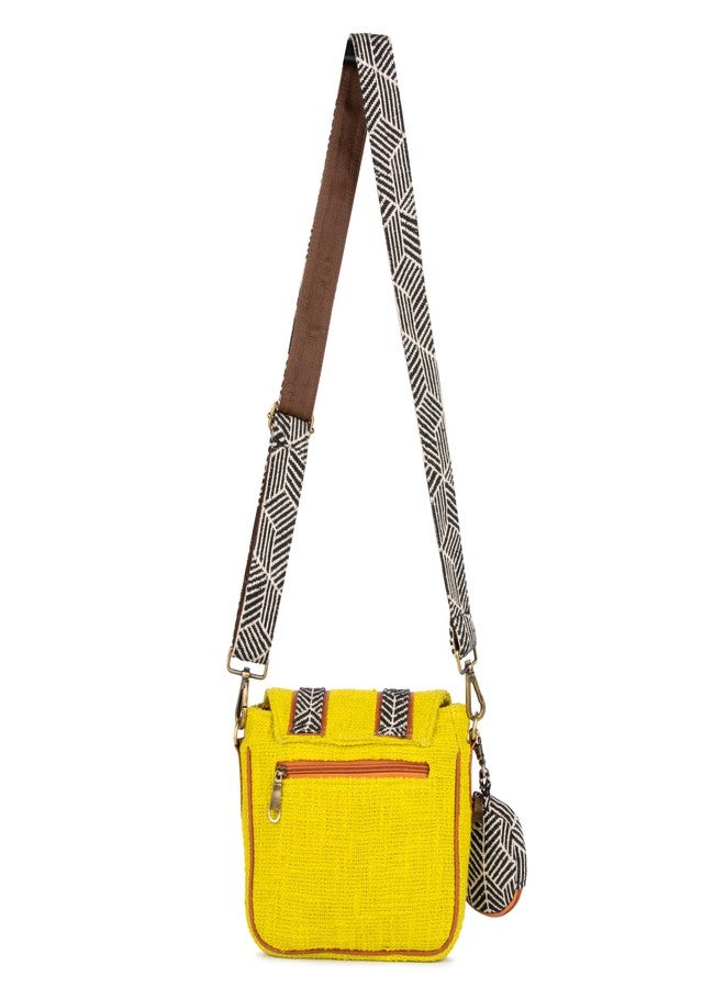 BHASTRA Lemoni Saddle Handloom Sling Bag with Dual Compartments & Jacquard Adjustable Detachable Strap | Compact Sling Bag with Front Pocket, Back Zip & Coin Pouch - Handloom Fabric Design - Image 4