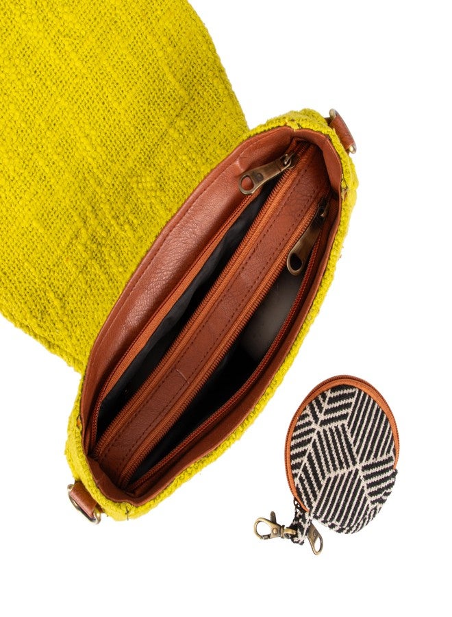 BHASTRA Lemoni Saddle Handloom Sling Bag with Dual Compartments & Jacquard Adjustable Detachable Strap | Compact Sling Bag with Front Pocket, Back Zip & Coin Pouch - Handloom Fabric Design - Image 5