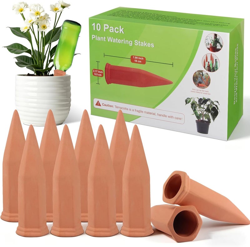 Tcamp 10 Pack Plant Watering Devices, Terracotta Plant Watering Spikes Wine Bottle Automatic Plant Waterer for Vacations, Self-Watering Stakes for Indoor Outdoor Plants - Image 1