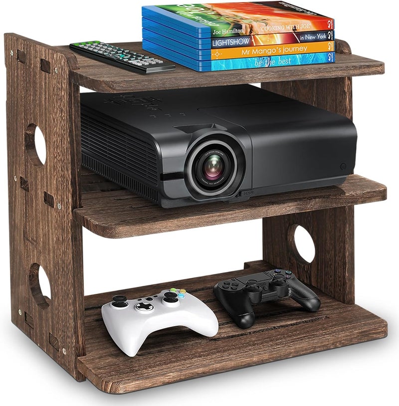 BEARUT Wood Floating Shelves Wall Mount Projector Shelf Rack Router Shelf Holder TV Stand PlayStation Modem Cable Box Cover for Xbox DVD Players Games Consoles TV Accessories Three Layer - Image 1