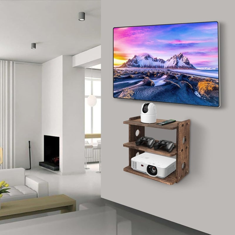 BEARUT Wood Floating Shelves Wall Mount Projector Shelf Rack Router Shelf Holder TV Stand PlayStation Modem Cable Box Cover for Xbox DVD Players Games Consoles TV Accessories Three Layer - Image 2
