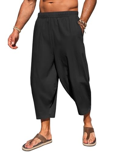 Runcati Mens Cotton Harem Capri Pants Yoga Beach Baggy 3/4 Shorts Pants Casual Elastic Waist Hippie Boho Pants Black - Image 1