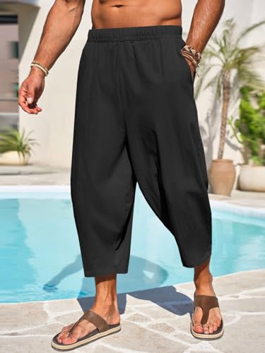 Runcati Mens Cotton Harem Capri Pants Yoga Beach Baggy 3/4 Shorts Pants Casual Elastic Waist Hippie Boho Pants Black - Image 3