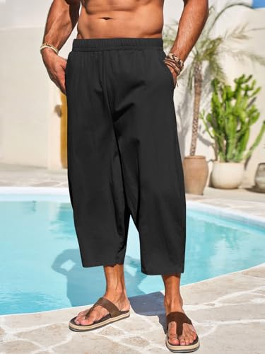 Runcati Mens Cotton Harem Capri Pants Yoga Beach Baggy 3/4 Shorts Pants Casual Elastic Waist Hippie Boho Pants Black - Image 2