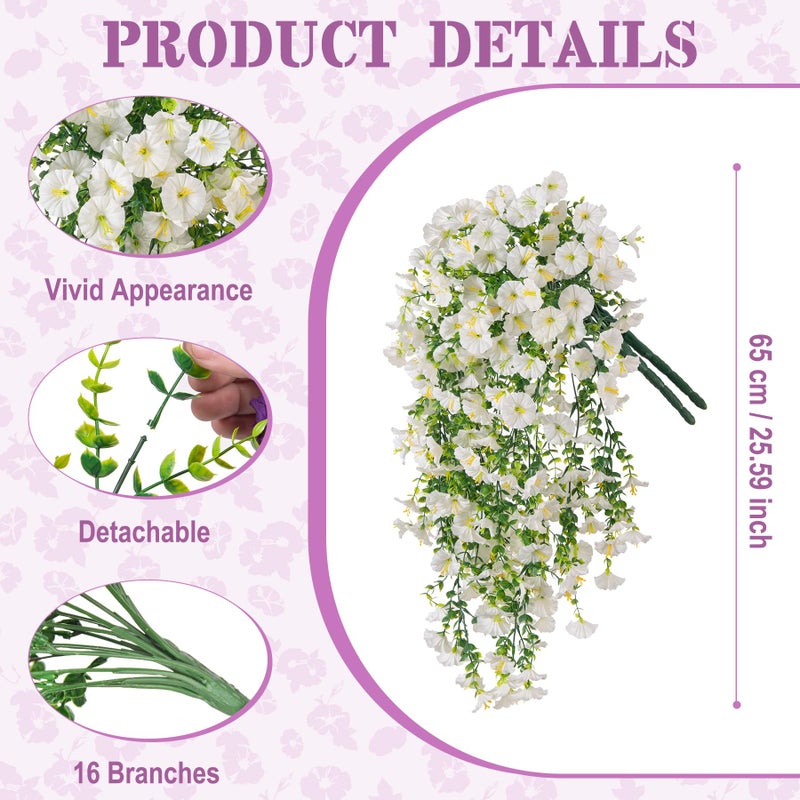 Hrobek Artificial Hanging Petunias Flowers for Outdoor, 2pcs Fake Plants Long Vine Morning Glory Eucalyptus, UV Resistant Realistic Faux Greenery Indoor Outside Patio Porch Garden Spring Summer Decor, White - Image 2