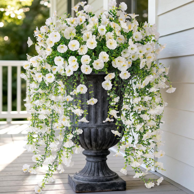 Hrobek Artificial Hanging Petunias Flowers for Outdoor, 2pcs Fake Plants Long Vine Morning Glory Eucalyptus, UV Resistant Realistic Faux Greenery Indoor Outside Patio Porch Garden Spring Summer Decor, White - Image 1