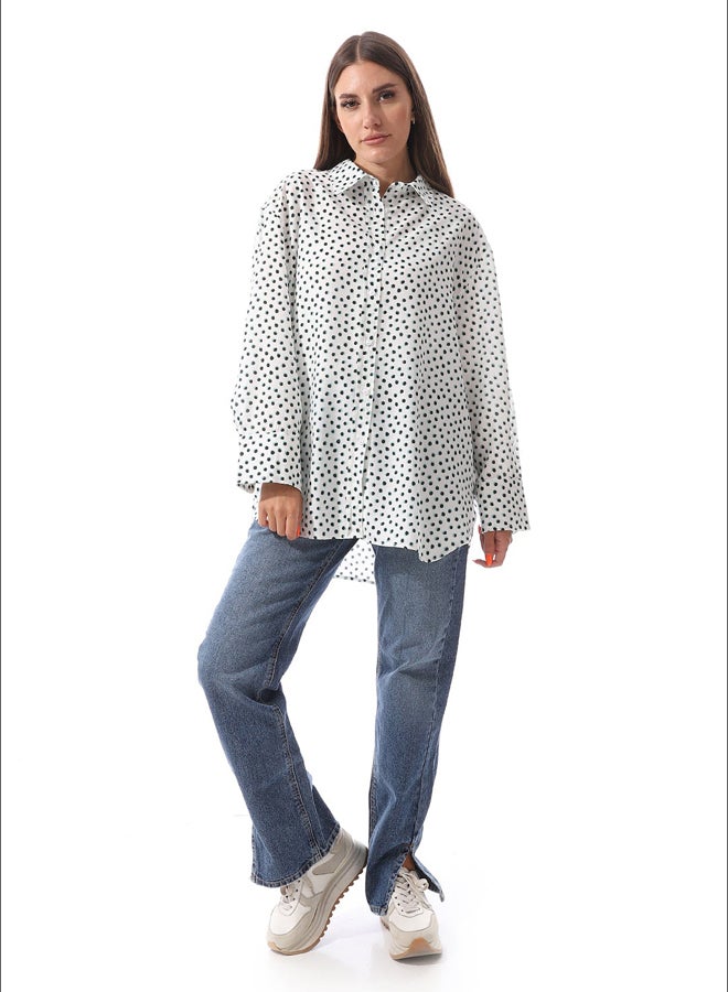 Andora Dotted Self Pattern Long Sleeves Shirt _ White & Green - Image 1