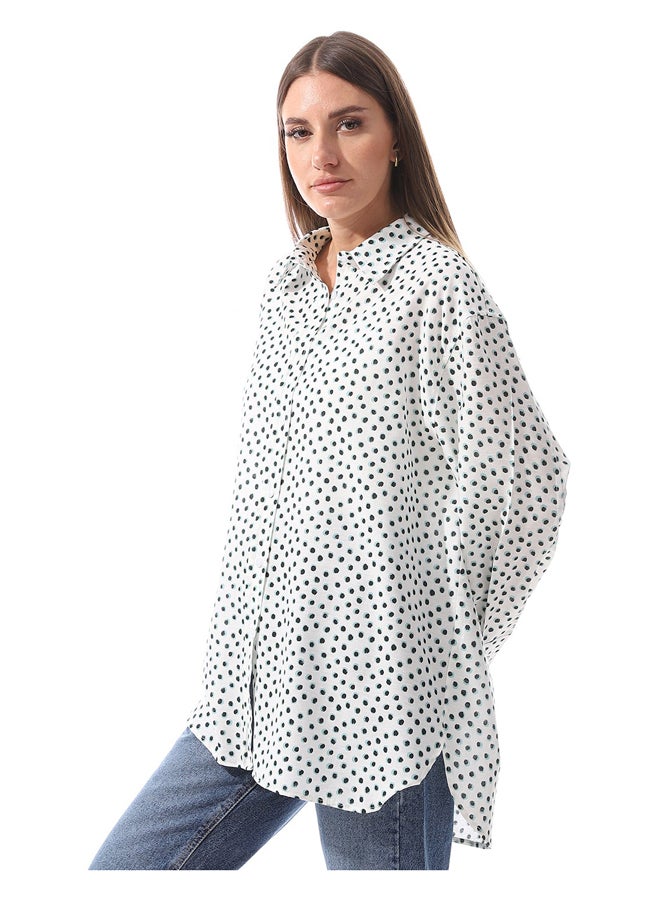 Andora Dotted Self Pattern Long Sleeves Shirt _ White & Green - Image 4