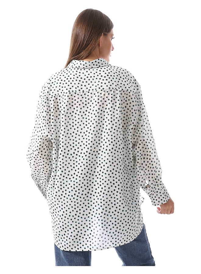 Andora Dotted Self Pattern Long Sleeves Shirt _ White & Green - Image 3