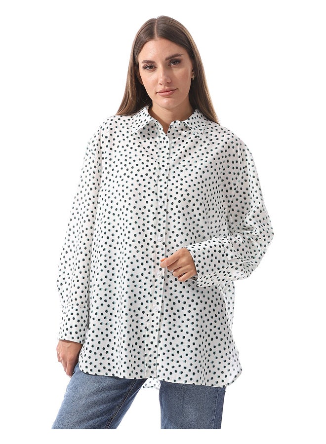 Andora Dotted Self Pattern Long Sleeves Shirt _ White & Green - Image 2