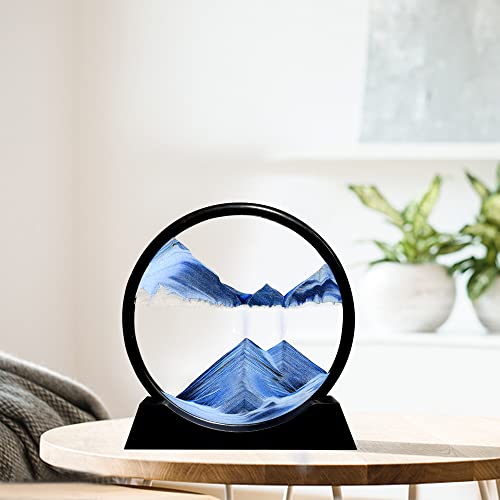 Aoderun Moving Sand Art Picture Round Glass 3D Deep Sea Sandscape in Motion Display Flowing Sand Frame Relaxing Desktop Home Office Work Decor (7", New Blue) - Image 3