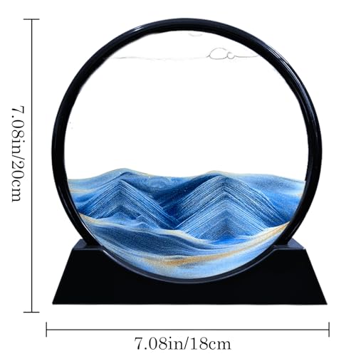 Aoderun Moving Sand Art Picture Round Glass 3D Deep Sea Sandscape in Motion Display Flowing Sand Frame Relaxing Desktop Home Office Work Decor (7", New Blue) - Image 4