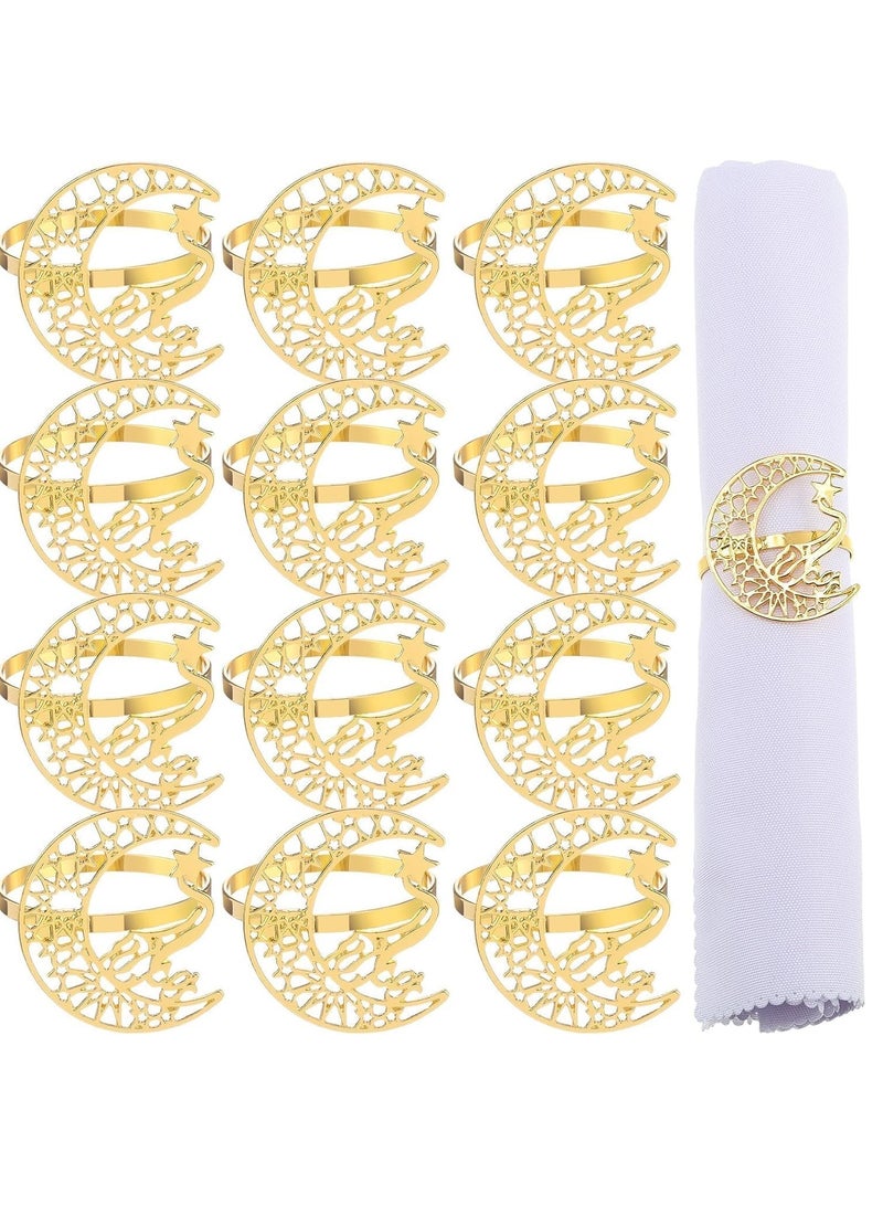 SYOSI خواتم المناديل، حلقة معدنية ذهبية على شكل هلال ونجمة لحامل المناديل، خواتم مناديل رمضان، مشابك المناديل تزيين الطاولة الإسلامية لعيد رمضان وحفلات الزفاف 12 قطعة - Image 1