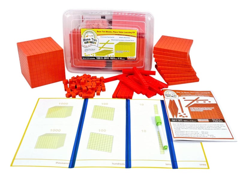 StepsToDo 130 Pieces Base Ten Blocks Kit. with Place Value Mats and Activity Booklet. Teaching Aid. Build Solid Foundation of Number Sense and Place Value. Place Value Blocks. (Red)(Without Cube) - Image 1