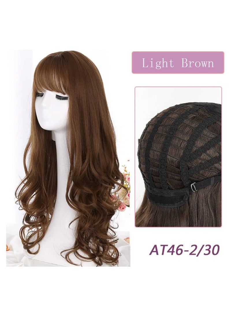 إستيل شعر مستعار طويل مموج مع غرة، شعر مستعار صناعي عالي المقاومة للحرارة، شعر مستعار مجعد ومموج للنساء والفتيات، شعر مجعد ذو مظهر طبيعي وجذاب (طويل، فضفاض، بني فاتح مجعد) - Image 2
