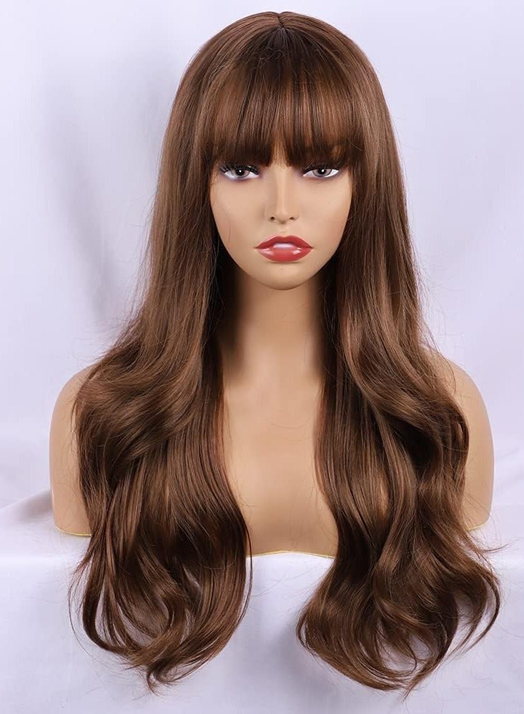 إستيل شعر مستعار طويل مموج مع غرة، شعر مستعار صناعي عالي المقاومة للحرارة، شعر مستعار مجعد ومموج للنساء والفتيات، شعر مجعد ذو مظهر طبيعي وجذاب (طويل، فضفاض، بني فاتح مجعد) - Image 3