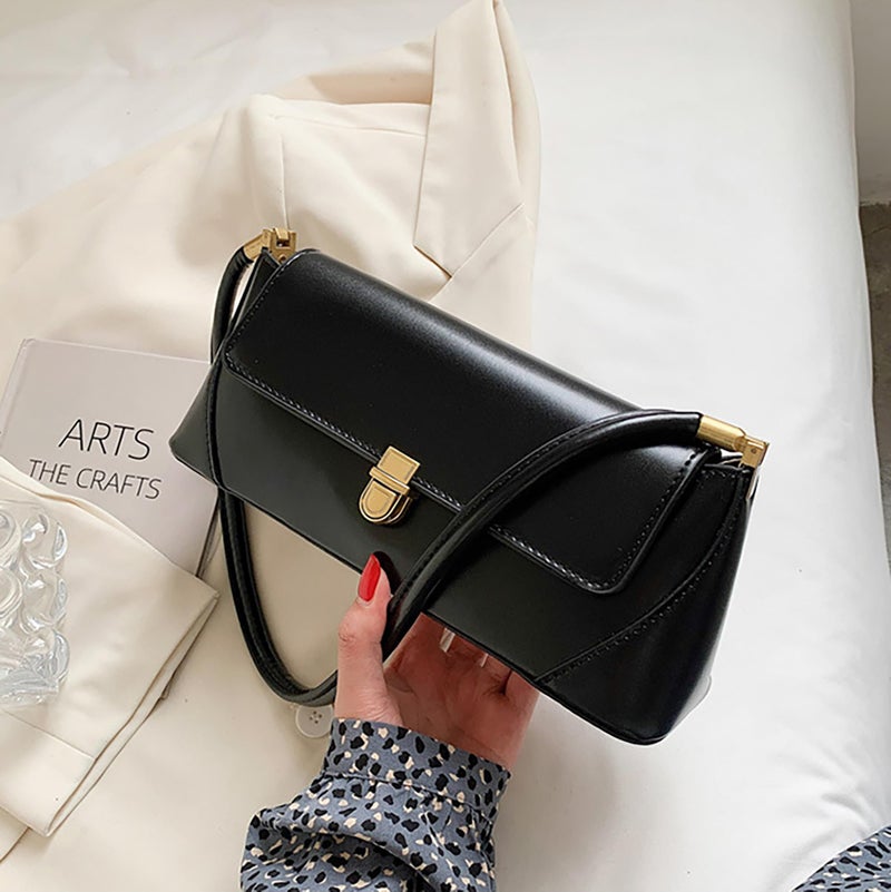 SIBY Women's Clutch Bag Leather Retro Bag | Flap Shoulder Purse with Wide Strap for Girls | Shoulder Bag with Metal Lock | Tote Handbag for Women (Black) - Image 3