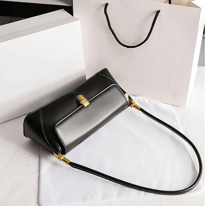 SIBY Women's Clutch Bag Leather Retro Bag | Flap Shoulder Purse with Wide Strap for Girls | Shoulder Bag with Metal Lock | Tote Handbag for Women (Black) - Image 5