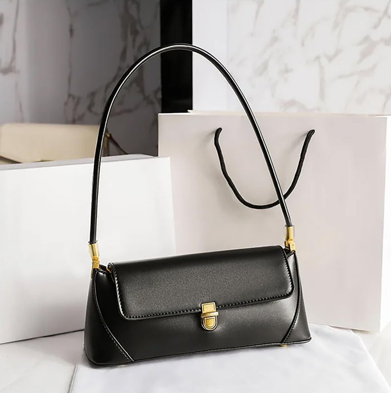SIBY Women's Clutch Bag Leather Retro Bag | Flap Shoulder Purse with Wide Strap for Girls | Shoulder Bag with Metal Lock | Tote Handbag for Women (Black) - Image 4