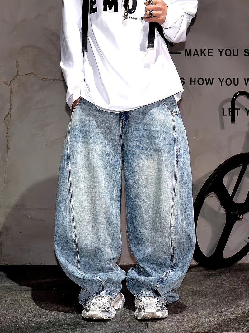 Retro Light Blue Hip-Hop Wide-Leg Jeans Men'S Trendy American High-Street Casual Trousers Loose Curved Pants - Image 3