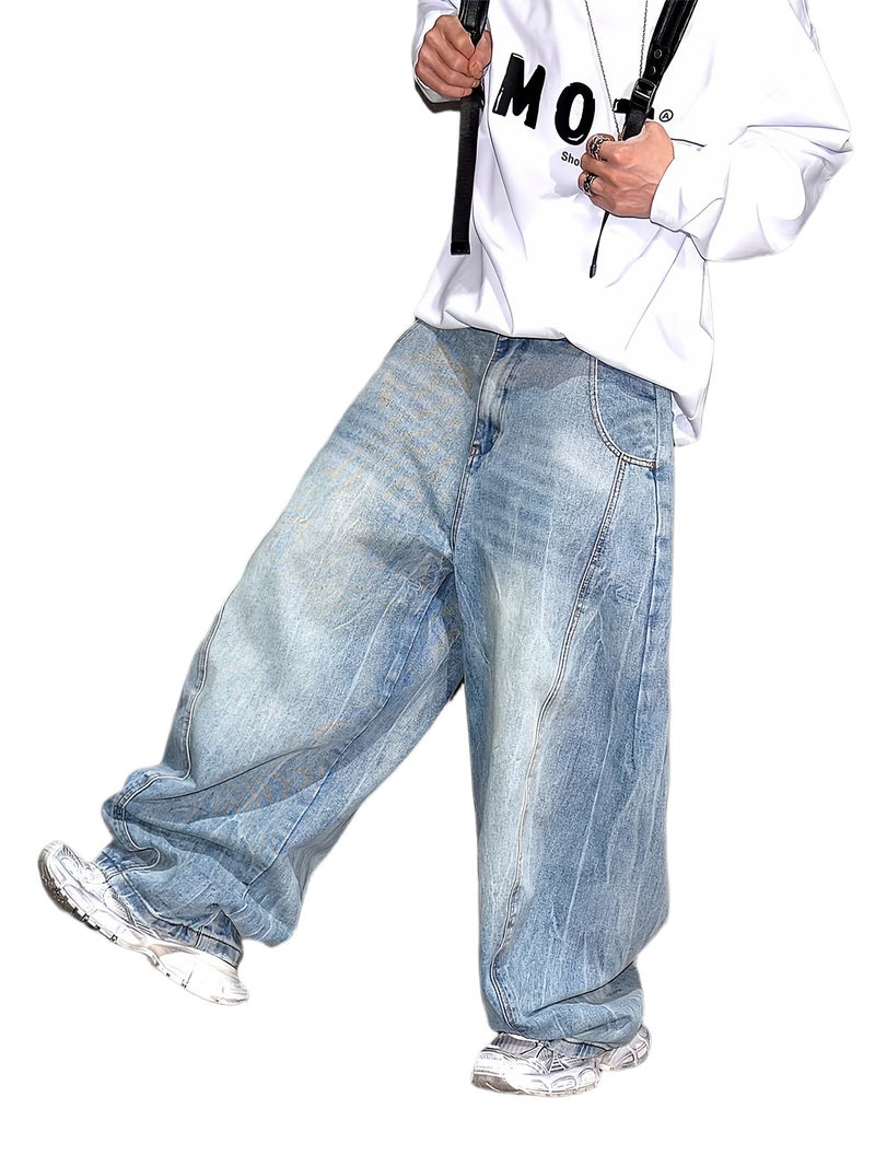 Retro Light Blue Hip-Hop Wide-Leg Jeans Men'S Trendy American High-Street Casual Trousers Loose Curved Pants - Image 1