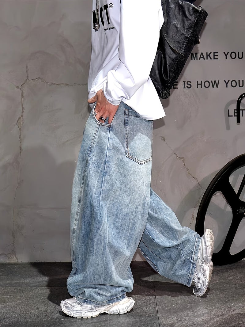 Retro Light Blue Hip-Hop Wide-Leg Jeans Men'S Trendy American High-Street Casual Trousers Loose Curved Pants - Image 4