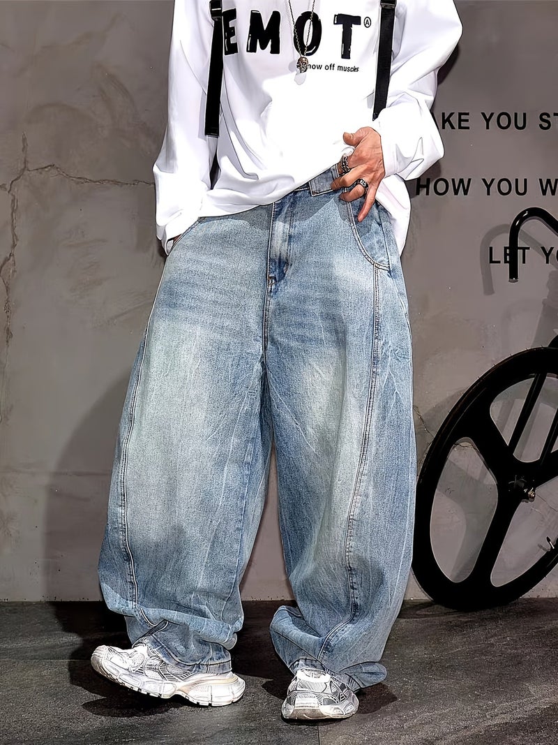 Retro Light Blue Hip-Hop Wide-Leg Jeans Men'S Trendy American High-Street Casual Trousers Loose Curved Pants - Image 2