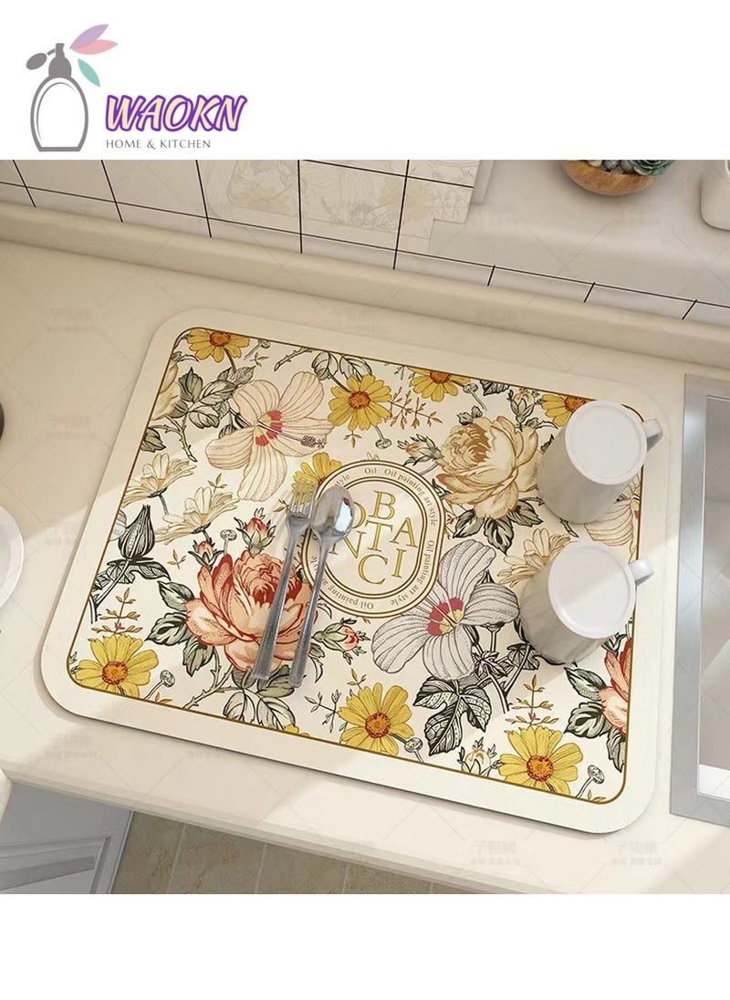 دبليو أيه أو كي أن حصيرة ماصة لآلة القهوة، حصيرة تجفيف الأطباق، حصيرة ماصة للماء للمطبخ، حصيرة تصريف مقاومة للحرارة، سهلة التنظيف، وسادة رف الأطباق مع ظهر مطاطي مانع للانزلاق، عازل، 40×50 سم - Image 1