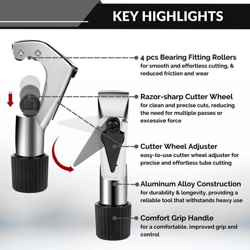 Flexzion Tube Cutter, Heavy Duty Tubing Pipe Cutter, 1/8 to 1-1/8 inch Cutting Diameter w/Reamer, Ideal for Cutting Copper, Aluminum, Brass, Steel, Plastic and More - Image 4