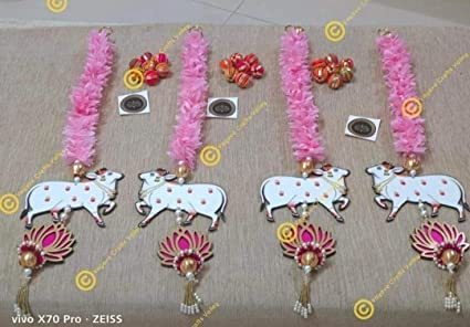 Nutts Handmade Lotus MDF Wall Hanging with papaer gajra and Cow Shubh labh Hanging for Home DecorOffice Decor Lotus Paper gajra with Cow