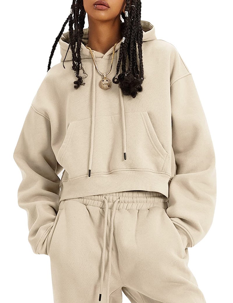 Eisctnd Women Fleece 2 Piece Tracksuits Fall Winter Sweatshirt Jogger Pants Matching Lounge Sets Thick Sweatsuits Pockets(Beige-S) - Image 1