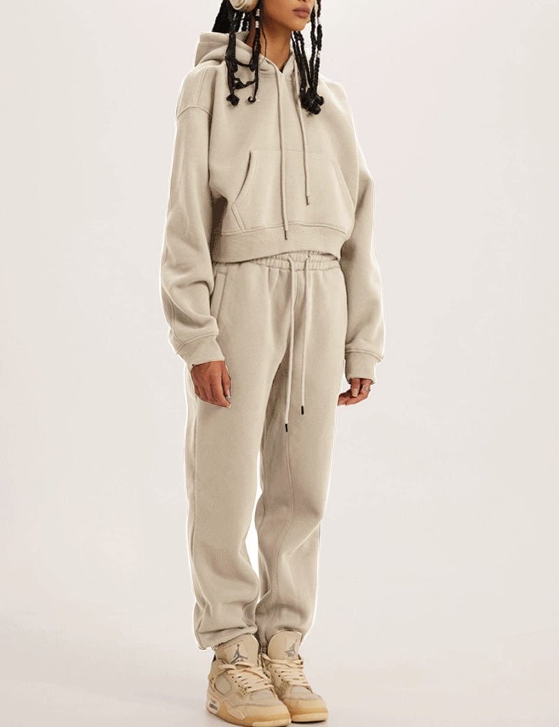 Eisctnd Women Fleece 2 Piece Tracksuits Fall Winter Sweatshirt Jogger Pants Matching Lounge Sets Thick Sweatsuits Pockets(Beige-S) - Image 3
